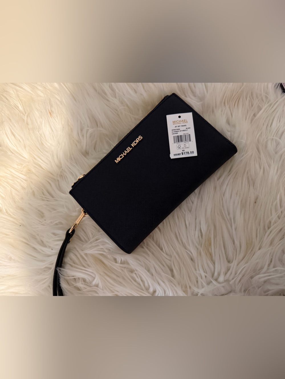 Michael Kors Black Leather Wristlet with Gold Logo